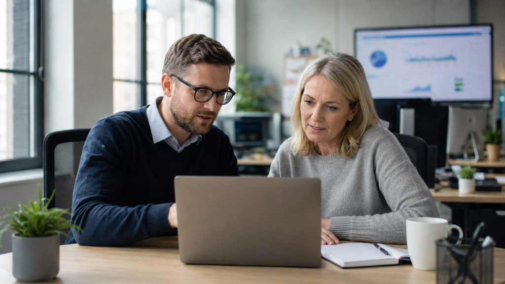 IT consultant reviewing Microsoft 365 security settings with a business manager