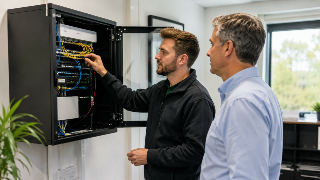 Network engineer reviewing broadband and leased-line infrastructure in a UK business