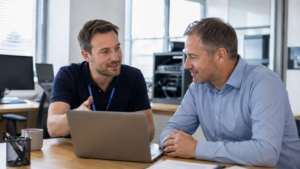 IT support engineer discussing managed IT services with a UK business owner