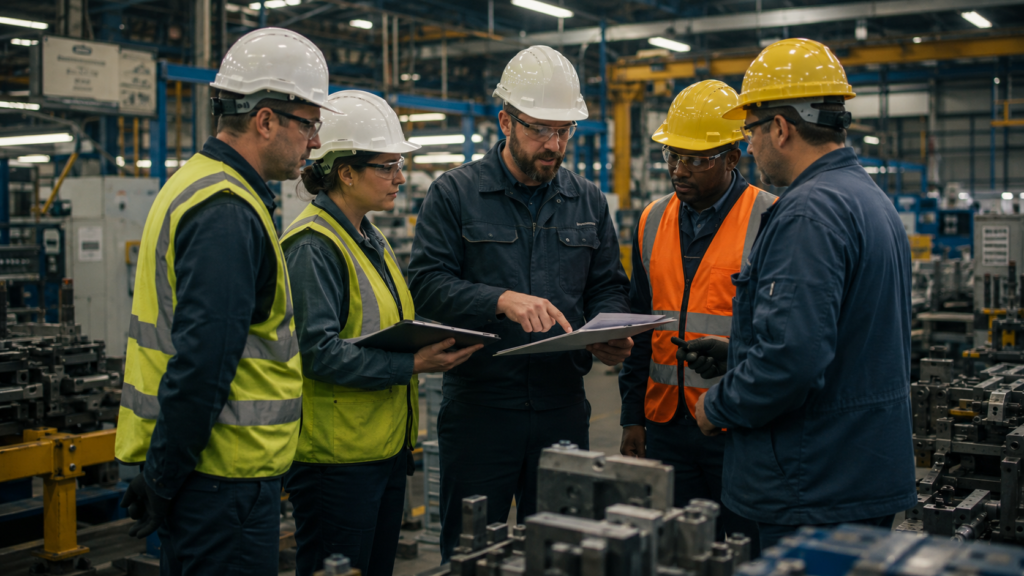 Manufacturing and engineering team reviewing documents on a factory floor