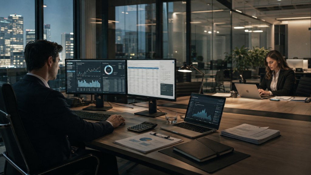Professionals reviewing business information in a modern office