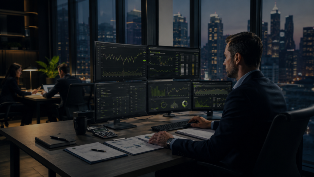 Accountancy professional reviewing financial information across multiple screens