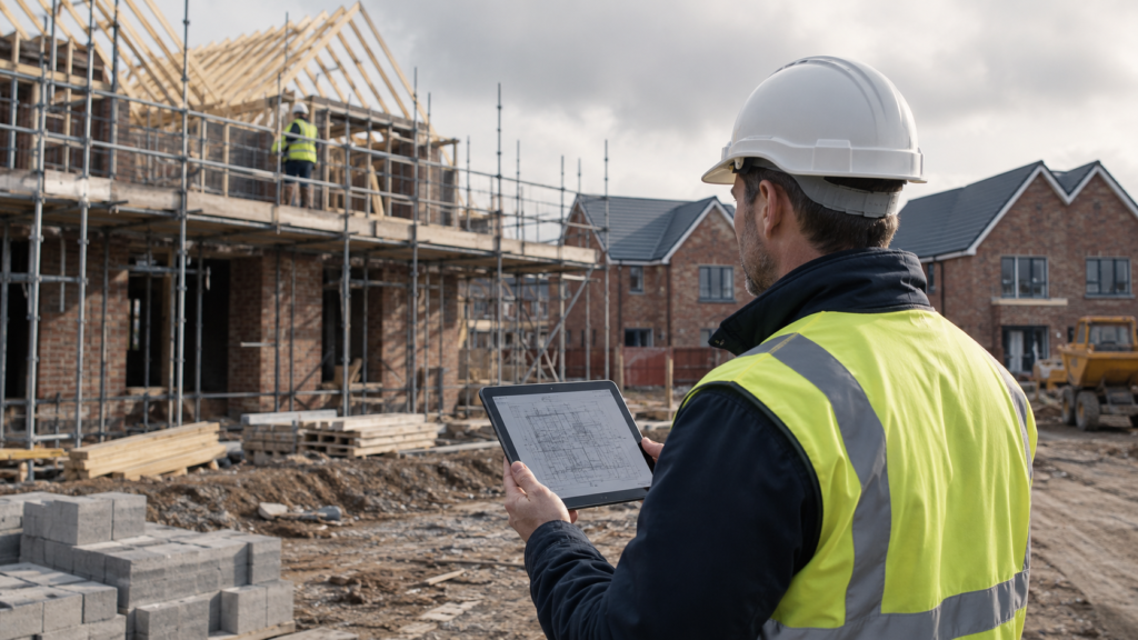 Construction manager reviewing building plans on a tablet at a residential site