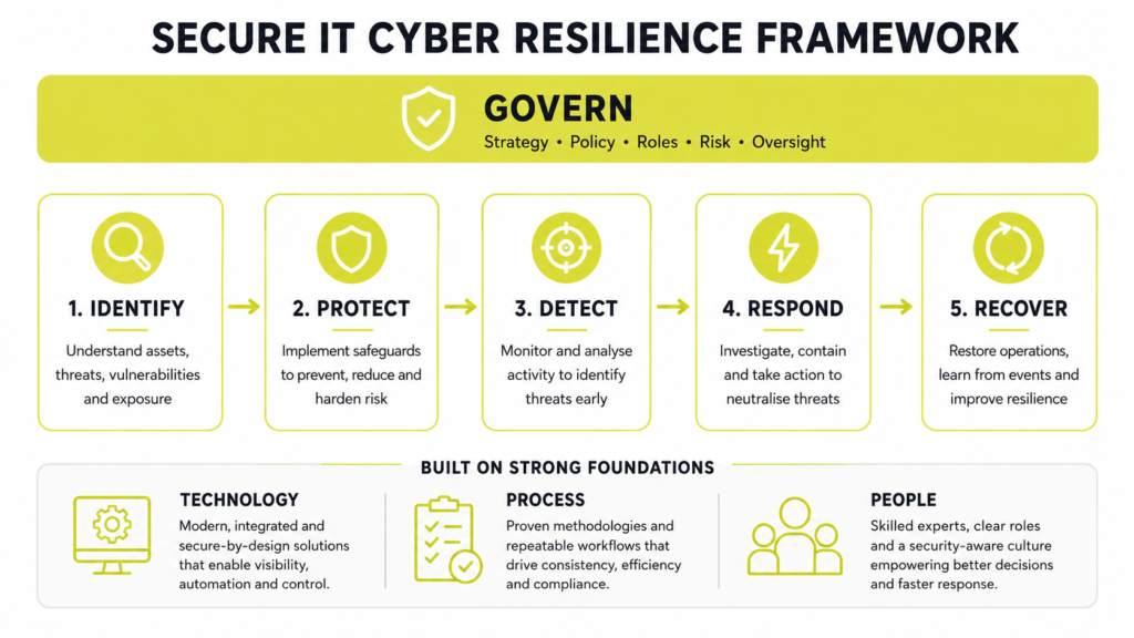 NIST Cybersecurity Framework functions: Govern, Identify, Protect, Detect, Respond and Recover